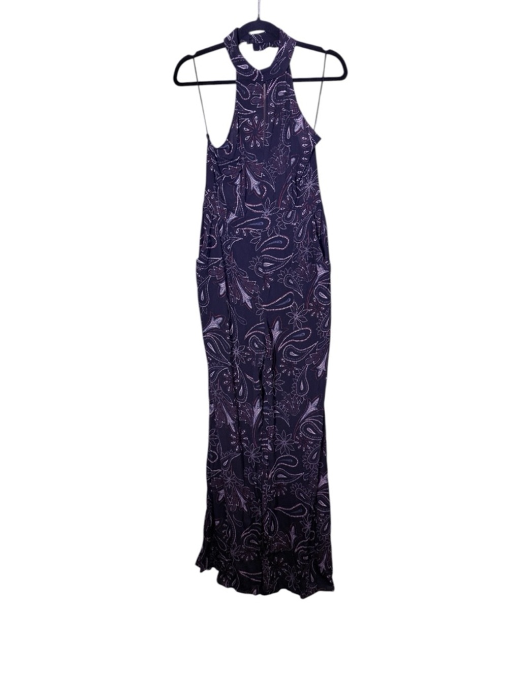 ASTR The Label Women’s Sleeveless Halter Navy Paisley Wide Leg Jumpsuit Sz L